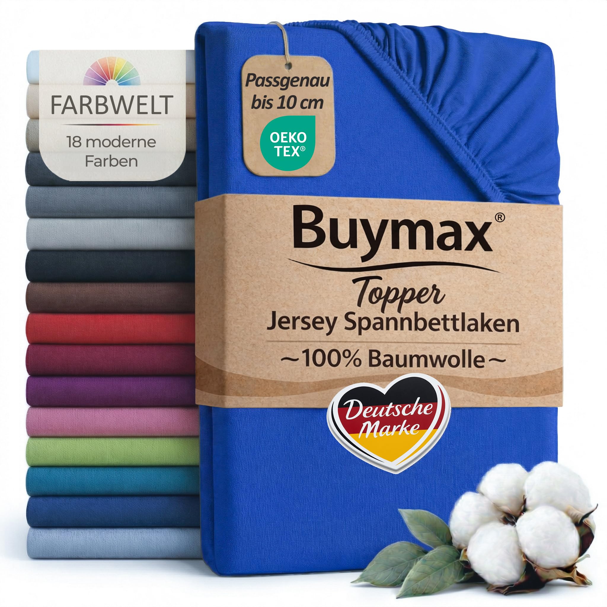 Buymax Jersey Topper Spannbettlaken aus 100% Baumwolle – Spannbetttuch für Topper bis 10 cm Höhe (18 cm Steg), atmungsaktiv, elastisch, Oeko-TEX