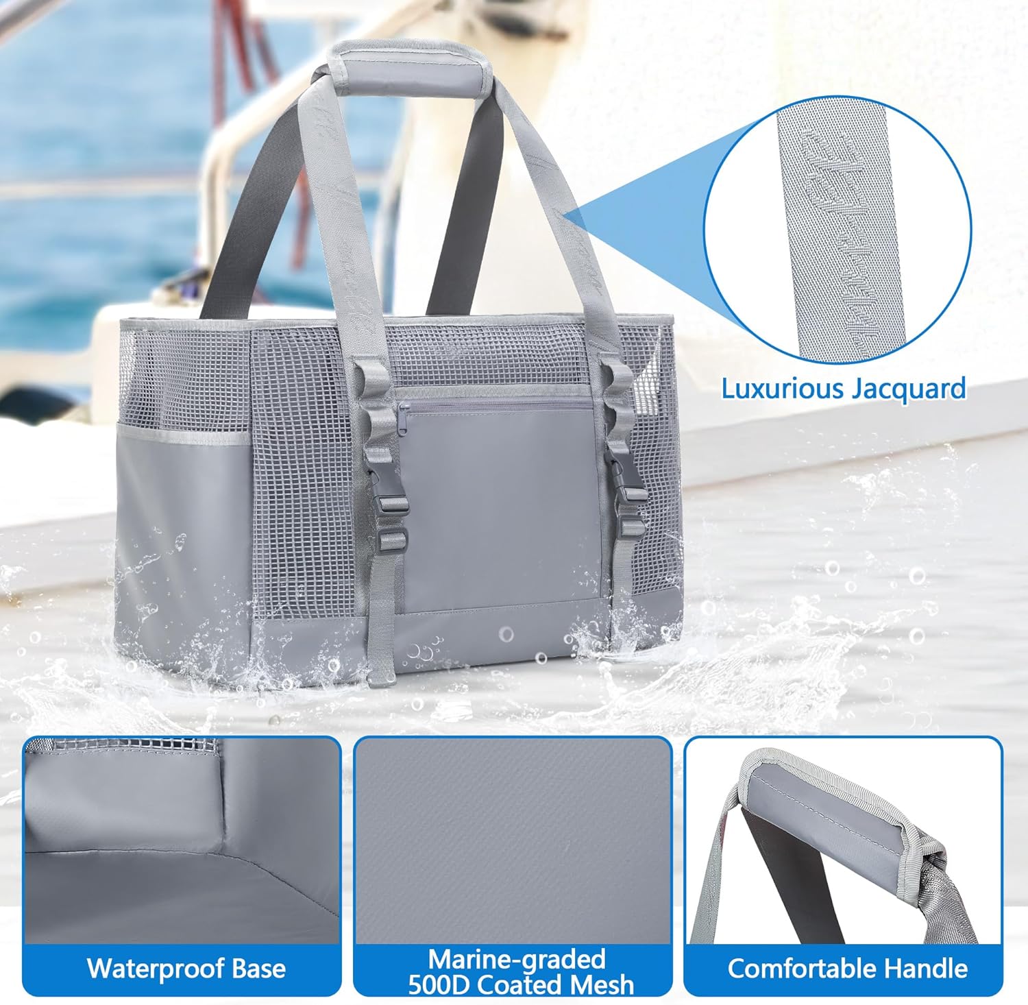 Yarwo Boat Gear Tote Bag, 35.5L Waterproof Boat Accessories Organizer with Marine-grade Coated Mesh and Wet Dry Pockets