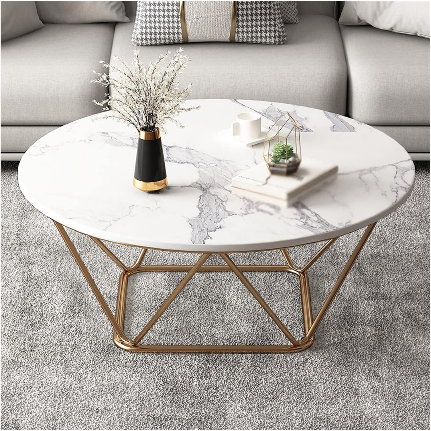 WASHLALiving Room Household Iron Coffee Table Apartment Marble Countertop Small Round Table
