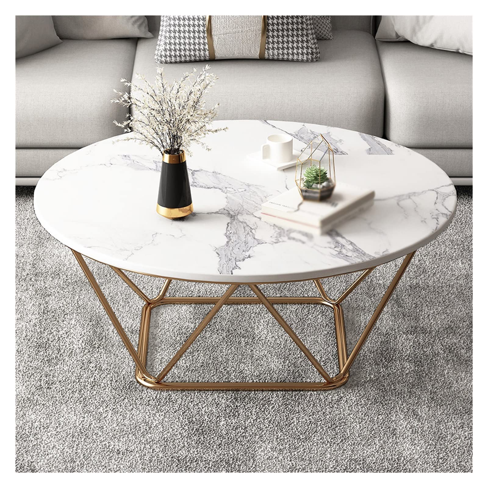 WASHLALiving Room Household Iron Coffee Table Apartment Marble Countertop Small Round Table