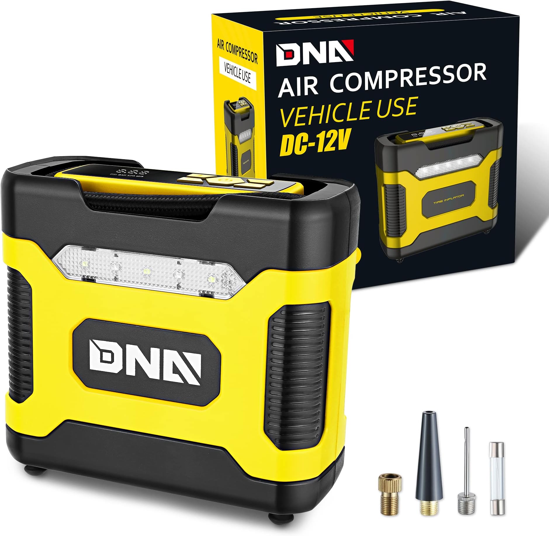 ‎DNA MOTORING TOOLS-00211 Yellow 12V DC Digital Tire Inflator Portable Air Compressor with Pressure Gauge for Cars, Bicycles, Motorcycles,Balls
