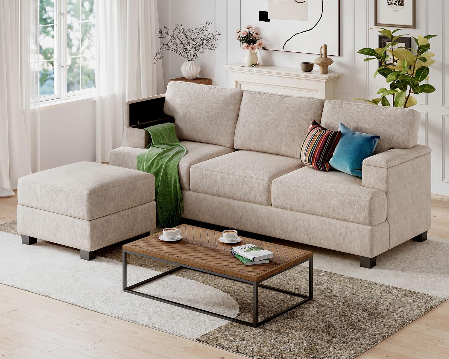 85 L Shaped Couch with Armrest Organizer 3 Seats Sofas with Movable Ottoman Comfy Sectional Sofa with Thick