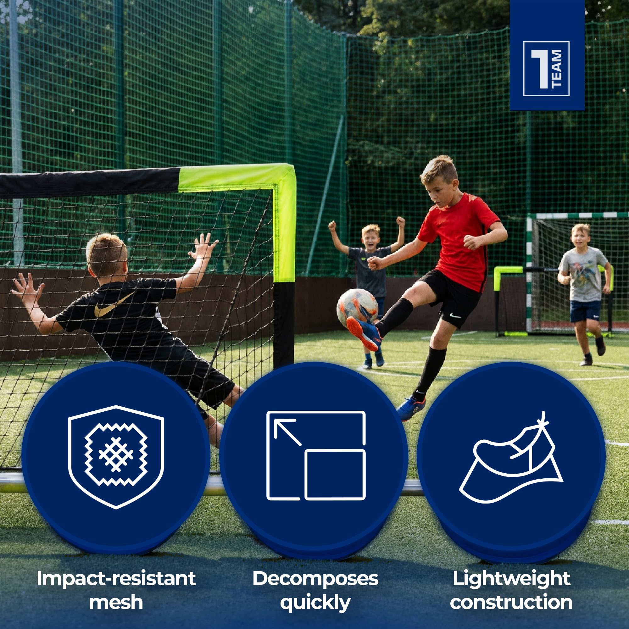 OneTeam Sekundenschneller Aufbau – Pop-Up Fußballtor Goalify – Flexibles Fiberglas – Schwarz – für Garten, Strand und Park