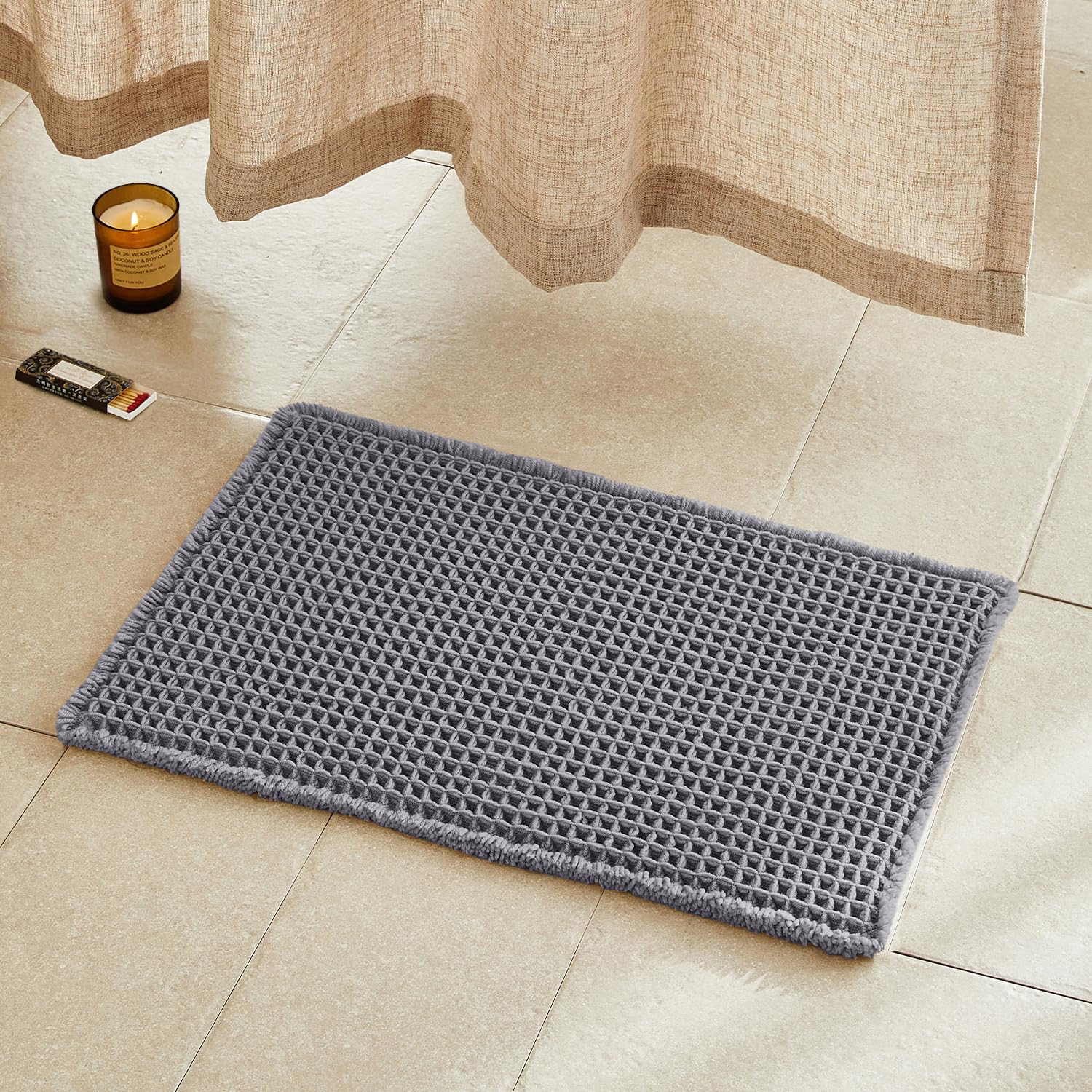 TYUU Waffle Bath Mat, Small Boho Bathroom Rugs Non Slip 24x16 Grey
