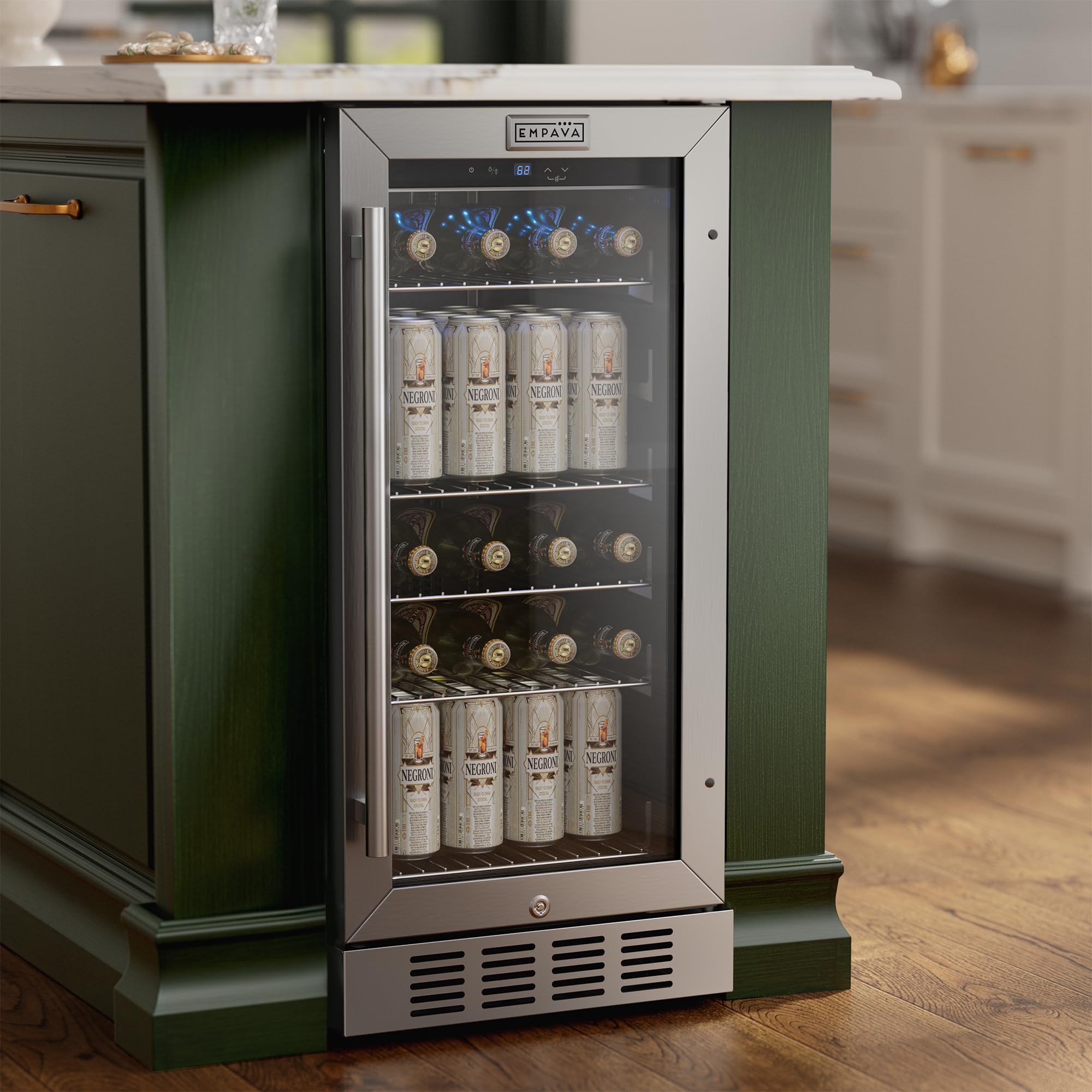 Empava 15 inch Undercounter Beverage Cooler Refrigerator with Glass Door, Freestanding Drink Fridge with LED Light, Touch Control, 80 Cans Capacity | Fridge.com