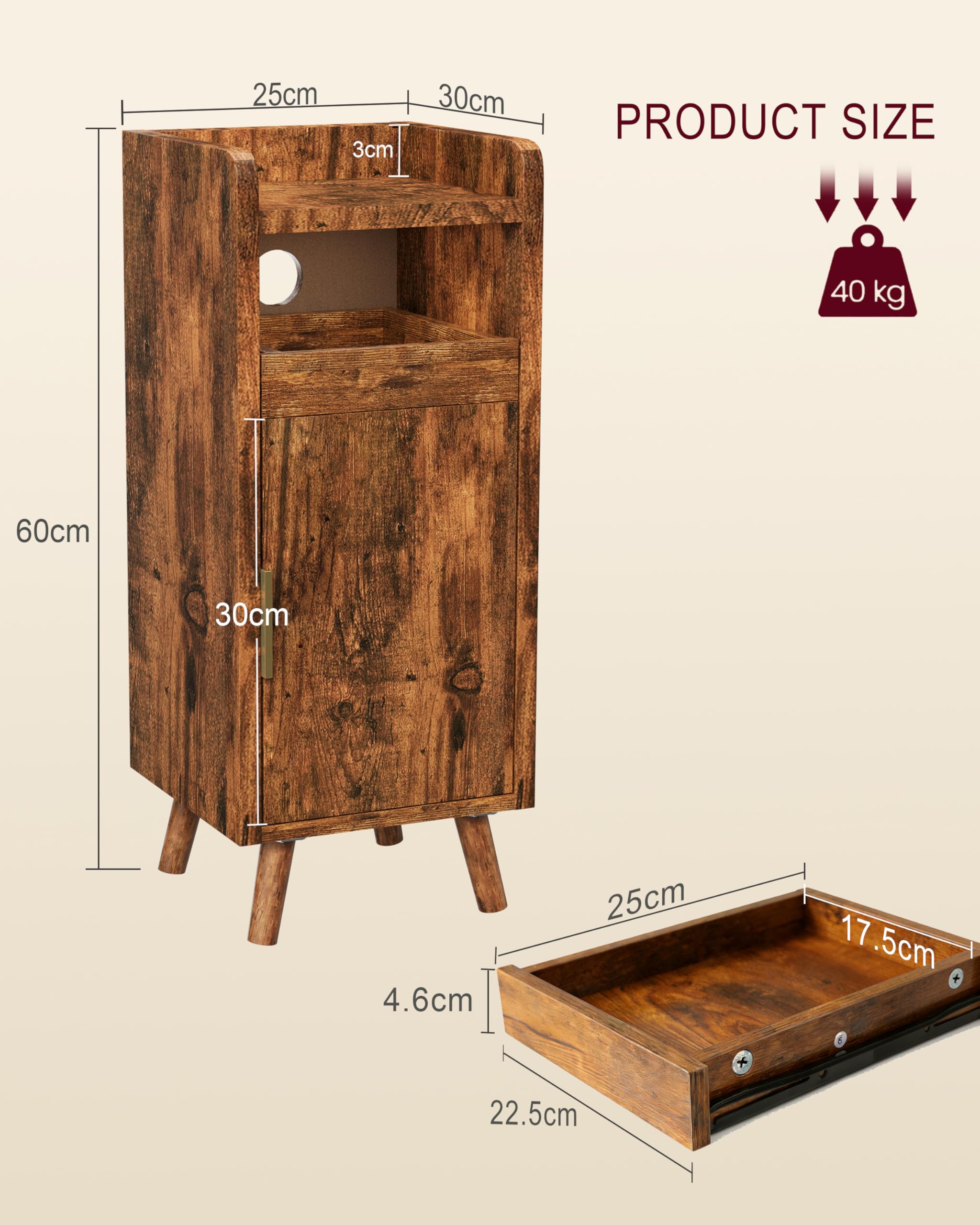 Comodino marrone, set da 2 pezzi, con vassoio estraibile e porta, comodino con manico in metallo, gambe in legno massiccio, comodini con scomparto aperto, comodino per camera da letto