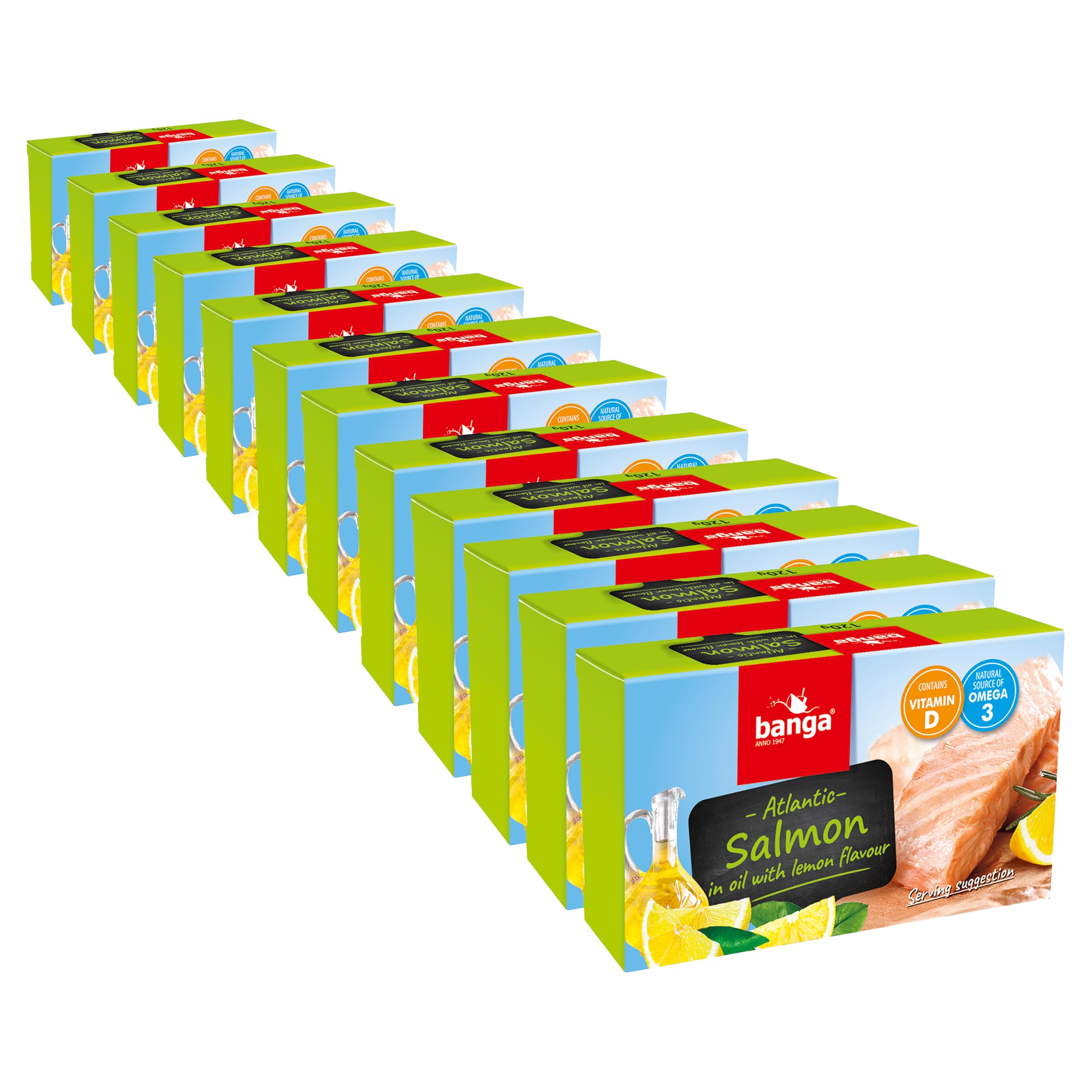 Banga Atlantischer Lachs in Öl mit Zitronenaroma 11x 120g in der Dose mit Omega 3 & Vitamin D, sofort kosten, mit Pasta, Nudeln, Gemüse & Pesto, als Aufstrich, ungeöffnet 36 Monate haltbar (11)