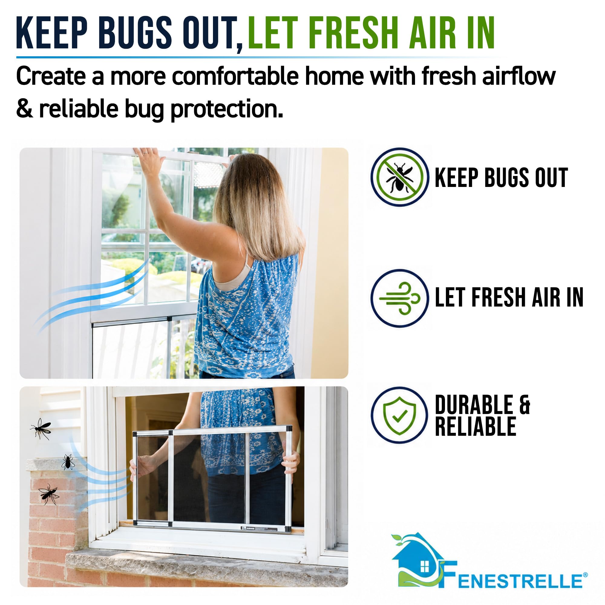 Fenestrelle Pantalla expansible para Ventana, Ajustable en 2 direcciones, Horizontal (20 Pulgadas de Alto x 28 a 54 Pulgadas de Ancho) o se Convierte en Vertical (28 Pulgadas de Alto x 20 a 38