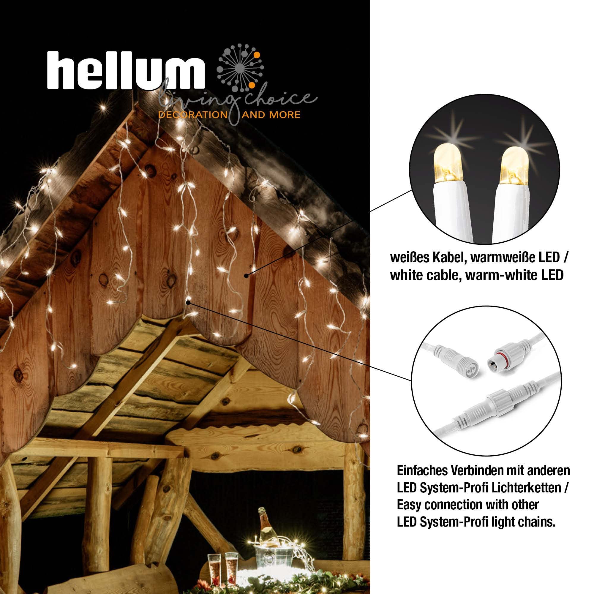 hellum LED Lichterkette Vorhang Außen, verlängerbar Lichtervorhang mit Steckdose, Verlängerung-Set mit 3m Netzkabel, 1,9 * 0,6m 80 LEDs, Kabel weiß Weihnachtsbeleuchtung für Garten, Party 555332