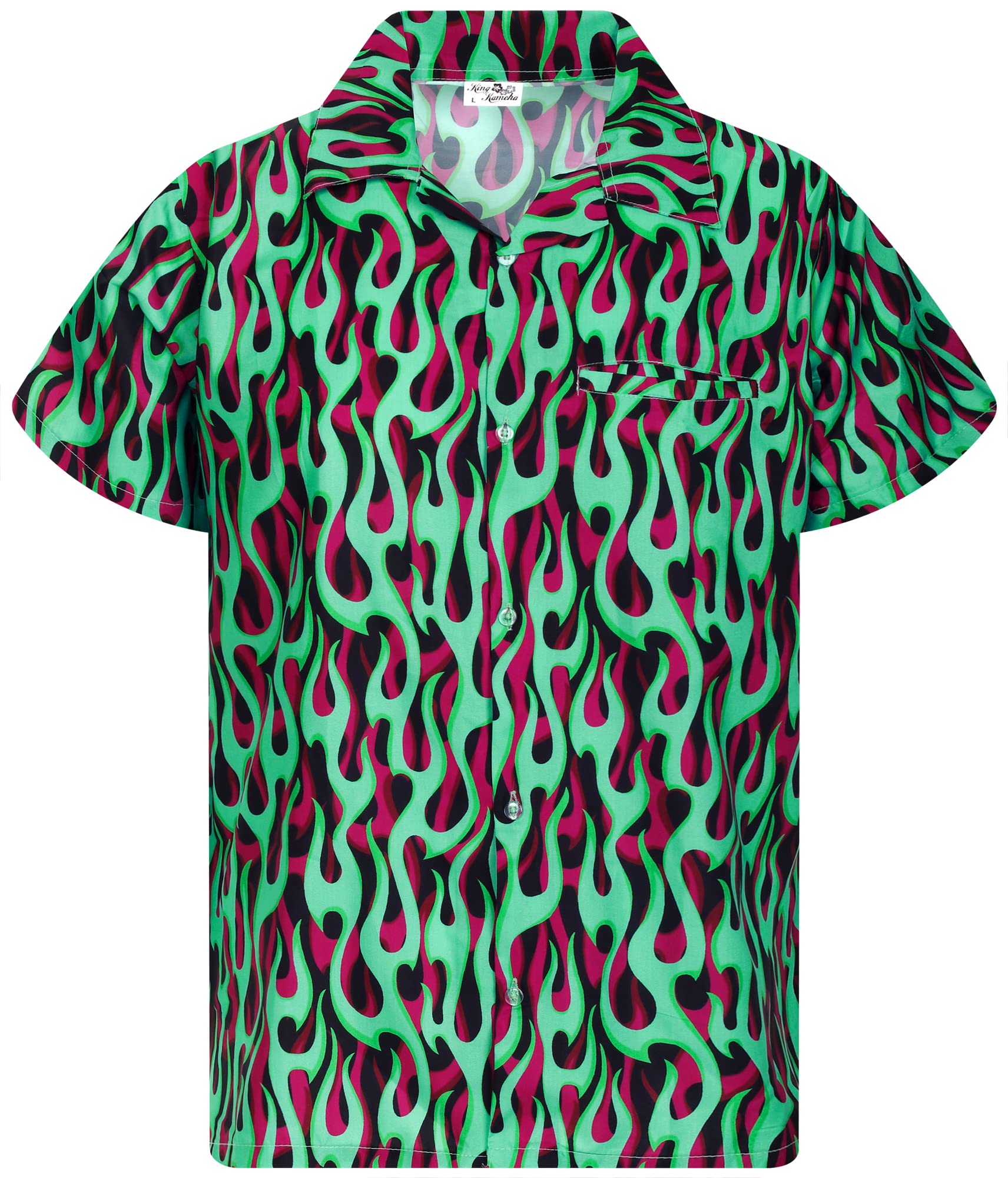 King Kameha Funky Hawaiian Shirt, Men, Shortsleeve, Flames Allover, Green, XL