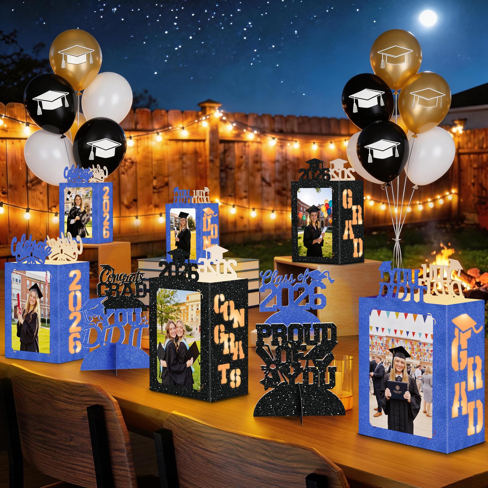 Photo 1 of 10 Pcs 2026 Graduation Table Decorations Boxes Black Blue Photo Display Graduation Centerpieces Picture Frames Props with String Lights for Class of 2026 School College Congrats Grad Party Supplies