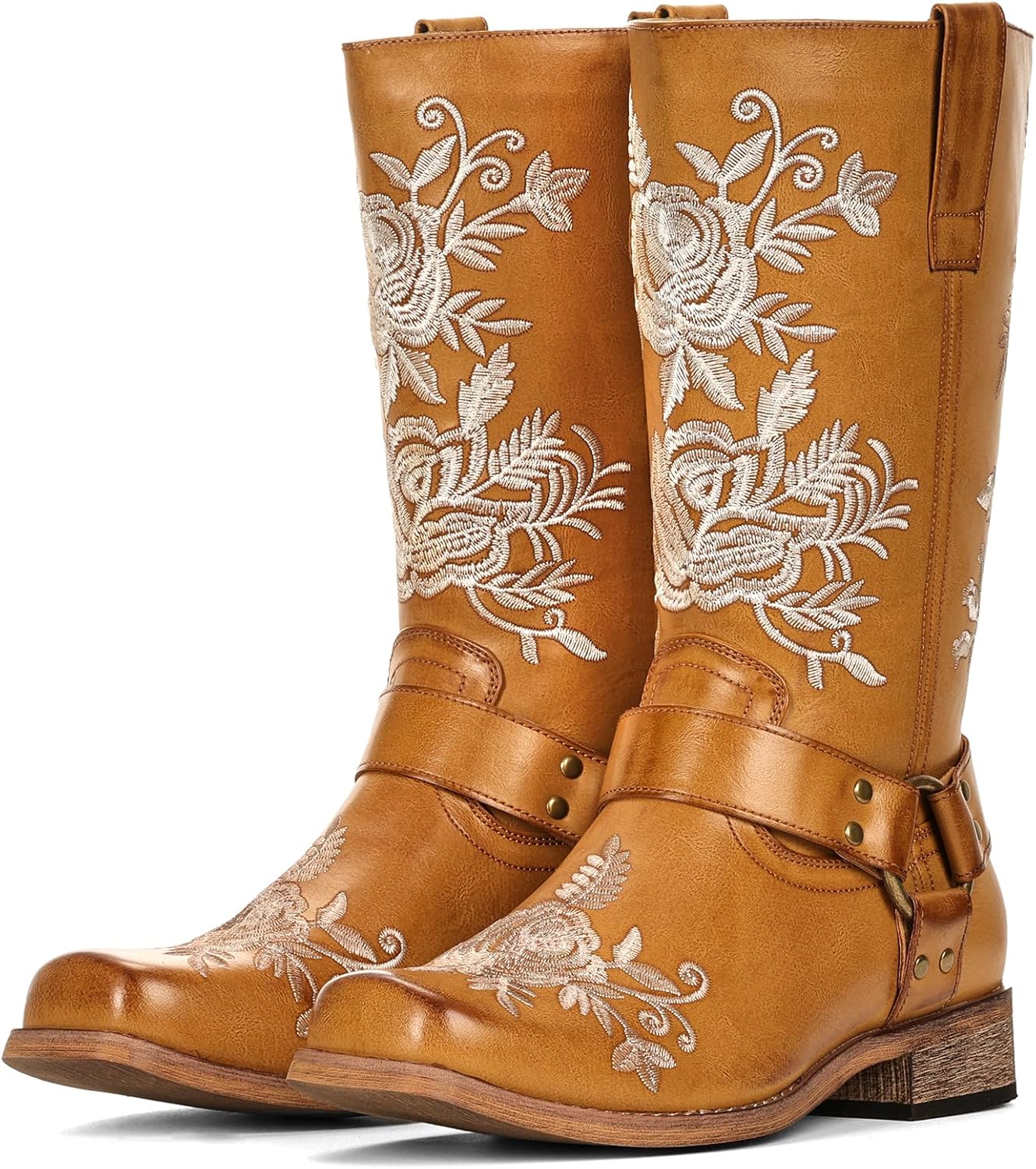 Cowboy Boots for Women Square Toe Mid Calf Western Cowgirl Boots，Embroidered Retro Motorcycle Biker Booties with Rivet Strap Low Chunky Heel for Country Concert Music Festival