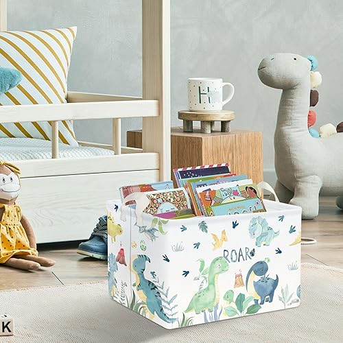 Miniatura 4 de Clastyle Adorable acuarela verde dinosaurio estante cesta volcán hoja de palma plegable cubo de almacenamiento rectangular ropa libros juguetes cubo
