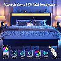 Vista 4 de Fluest Queen Bed Frame with Headboard & Footboard, Bed Frame with Built-in Charging Station & LED Light, Storage Shelf, Noise-Free, No Box Spring
