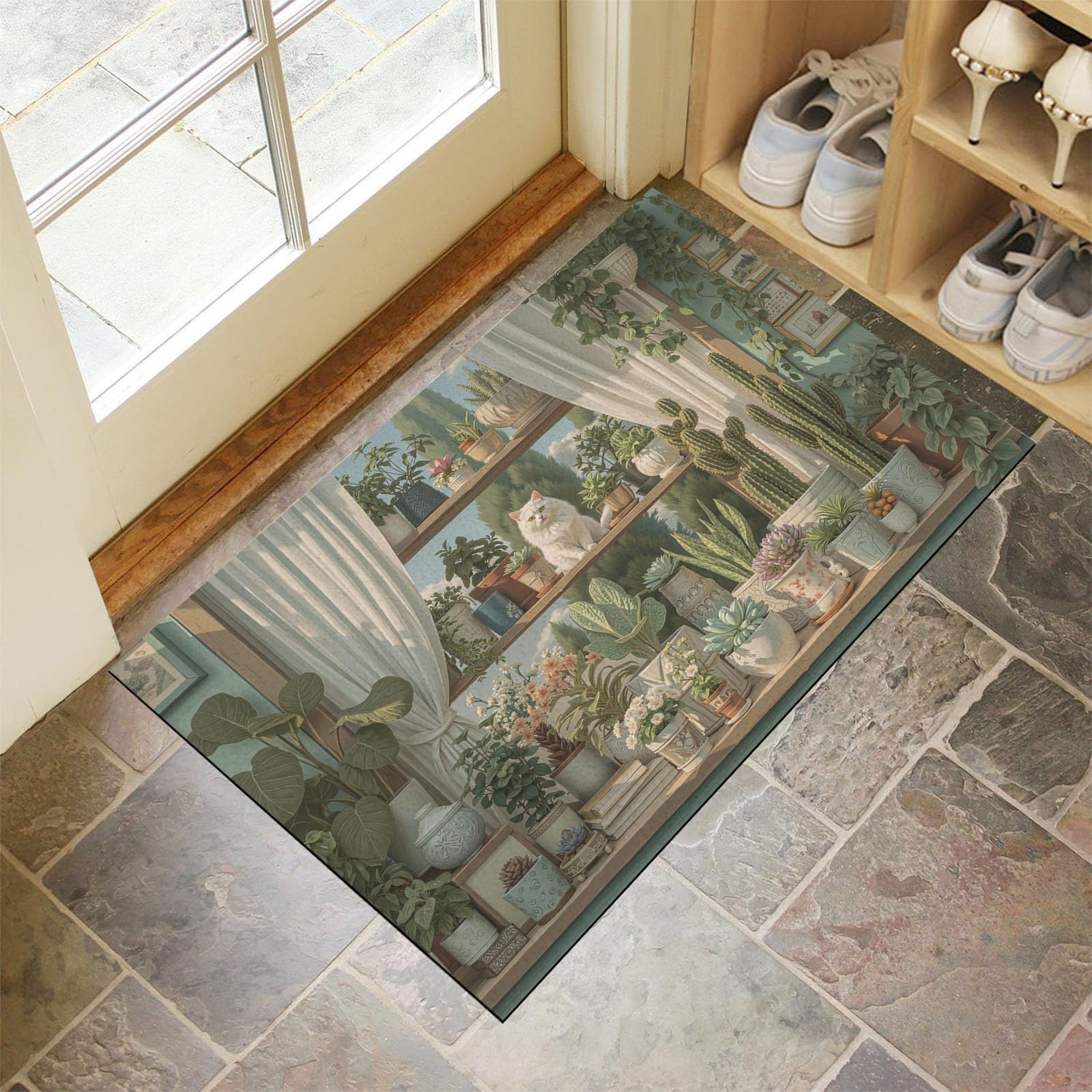 Tapis d'entrée d'intérieur aquarelle chat vert pour un accueil super doux