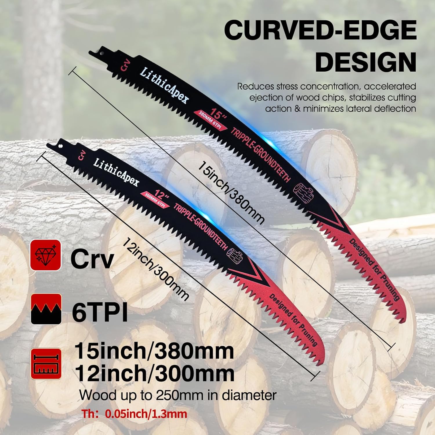 Arc Edge Reciprocating Saw Blade Set, CRV Steel Sharp Japanese Teeth Wood Cutting & Pruning Blades, 12x2 & 15x2 4-Pack for Sawzall, Tree Trimming, Logging, Heavy-Duty Woodwork & Storm Cleanup