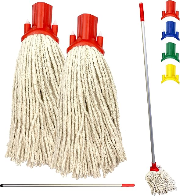 Colour Coded Floor Mop Set  120cm Long Aluminium Mop Handle and Pack of 2 String Mop Heads Replacement for Domestic and Commercial Cleaning (Red)