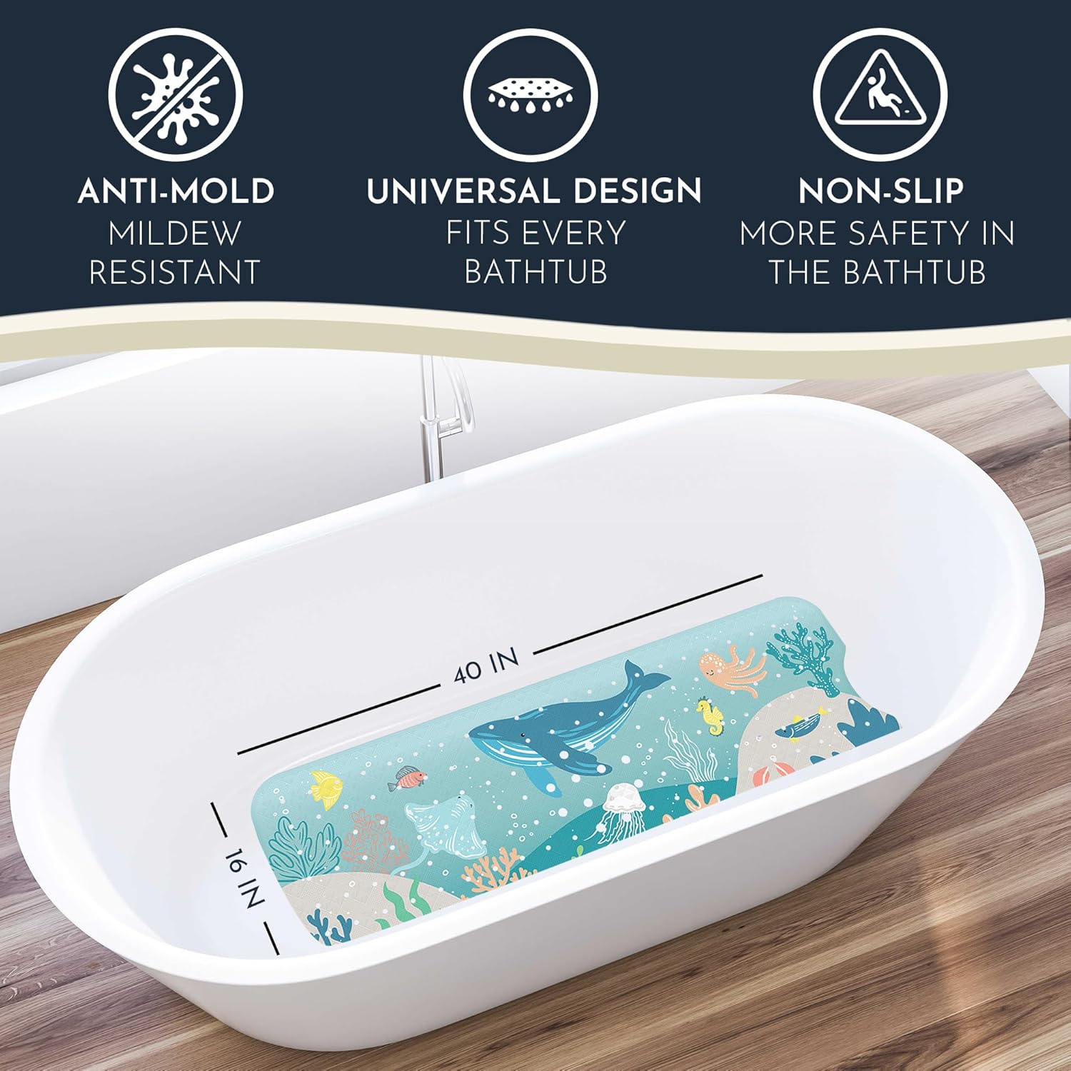Bathtub Mat Non Slip Anti Mold for Kids 40x16 - homerella® Bath Mat for Tub, BPA Free, Incl. 2 Hooks, Washable Shower Mat Non Slip Anti Mold, Shower Mats for Inside Shower, EU Certified