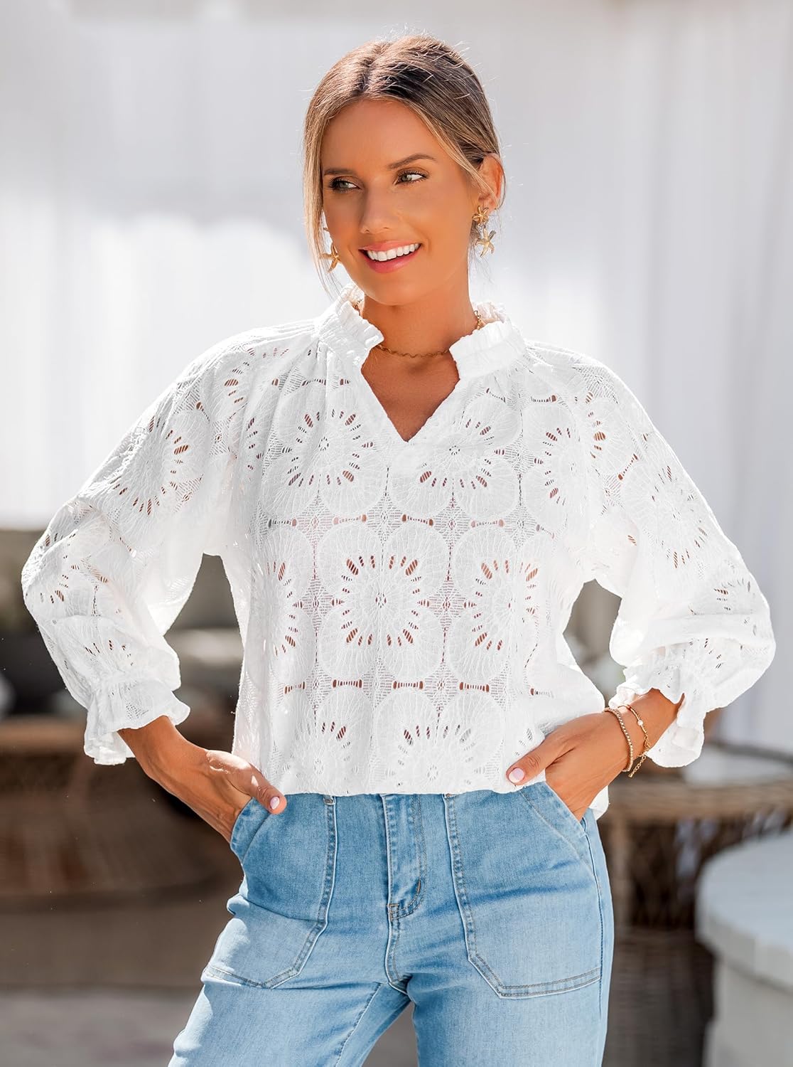 Women's Casual Business Eyelet Lace Blouses Tops V Neck Elegant Boho Tops Work Dressy Shirts Hollow Out Spring Summer - Image 2