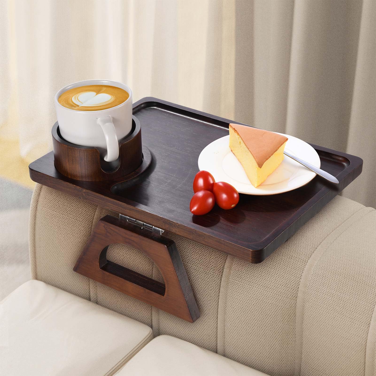 Sofa Arm Tray, Couch Arm Table with Couch Cup Holder, Foldable Armrest Tray Clip on Wide Couches for Eating, Drinks, Snacks, Remote, No Installation (Brown)
