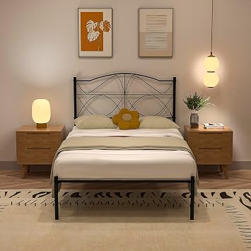 VECELO Twin Size Bed Frame, Metal Bed Platform with Headboard, Sturdy Steel Slats Support, No Box Spring Needed/Noise-Free,Easy Assembly, Black