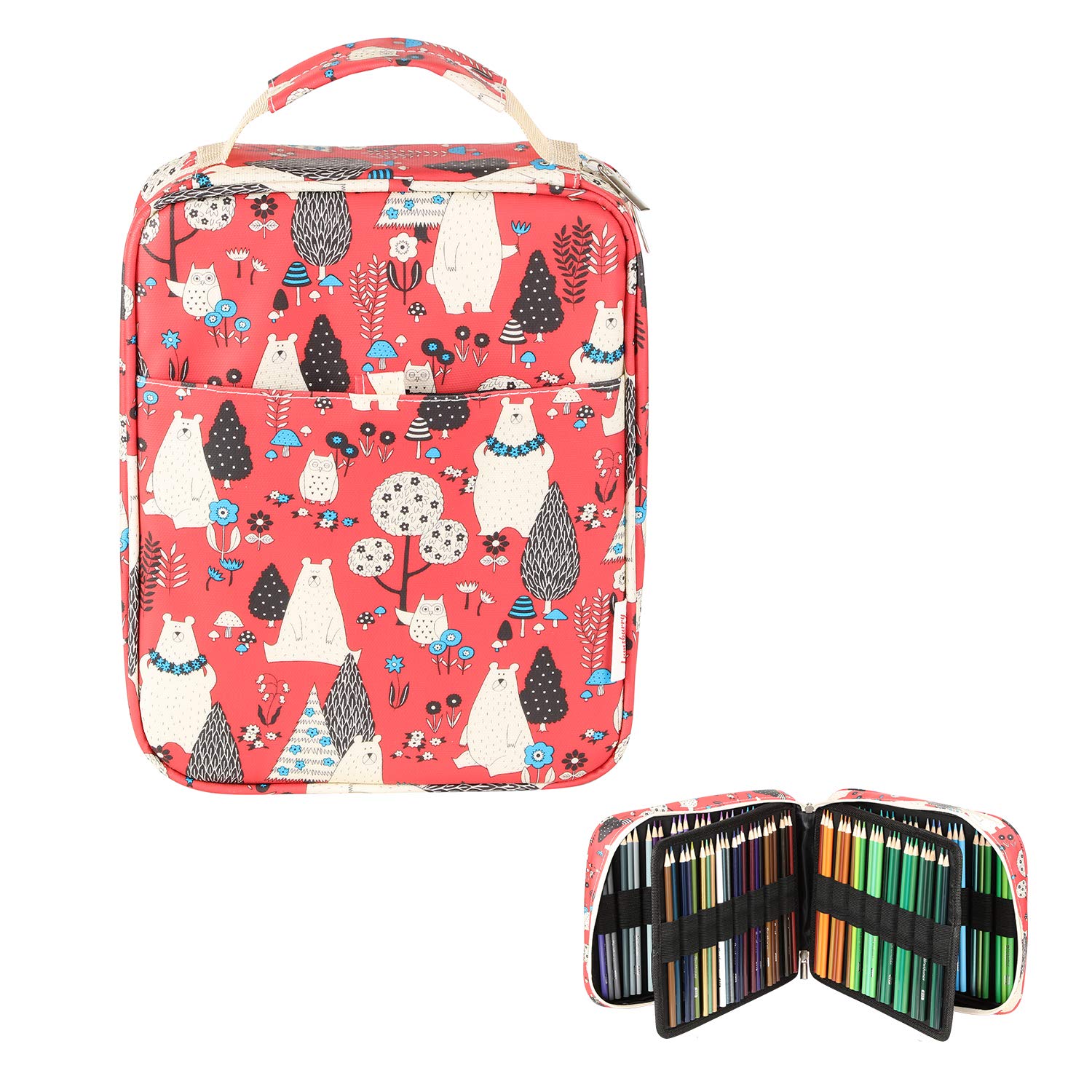 Lumsburry Universal Large Coloured Pencils Case for 150 Pencils/ 120 Gel Pen Markers Multi-Layer Pen Holder Bag for Stationery Organization School Art Supply (Bear-Red)