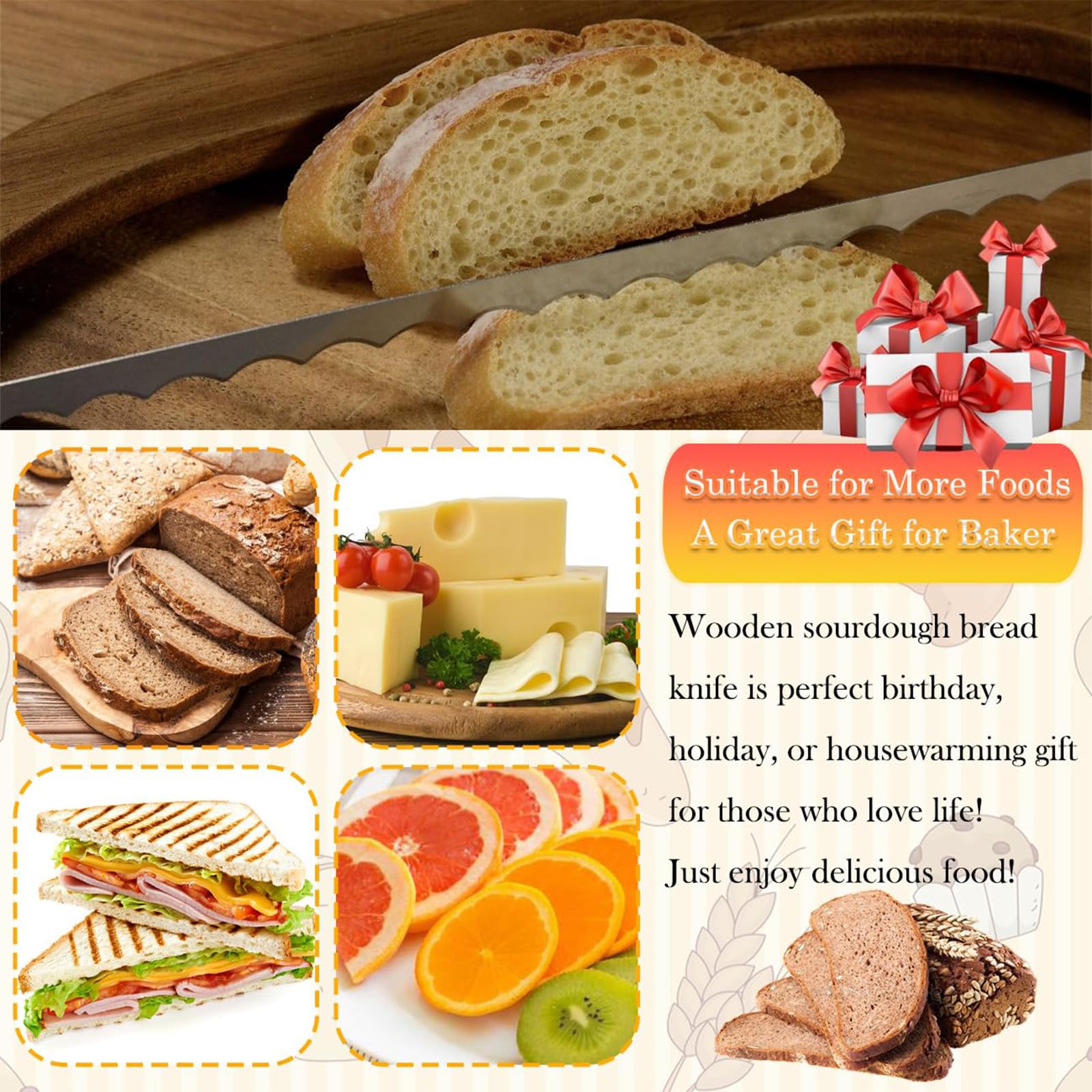 Piła do chleba, Łatwe cięcie domowego chleba, Piła do chleba ze stali nierdzewnej, Piła do chleba z drewnianą rączką, Idealna do słodkich chlebów, grubych chlebów, ciast, ciasteczek, owoców