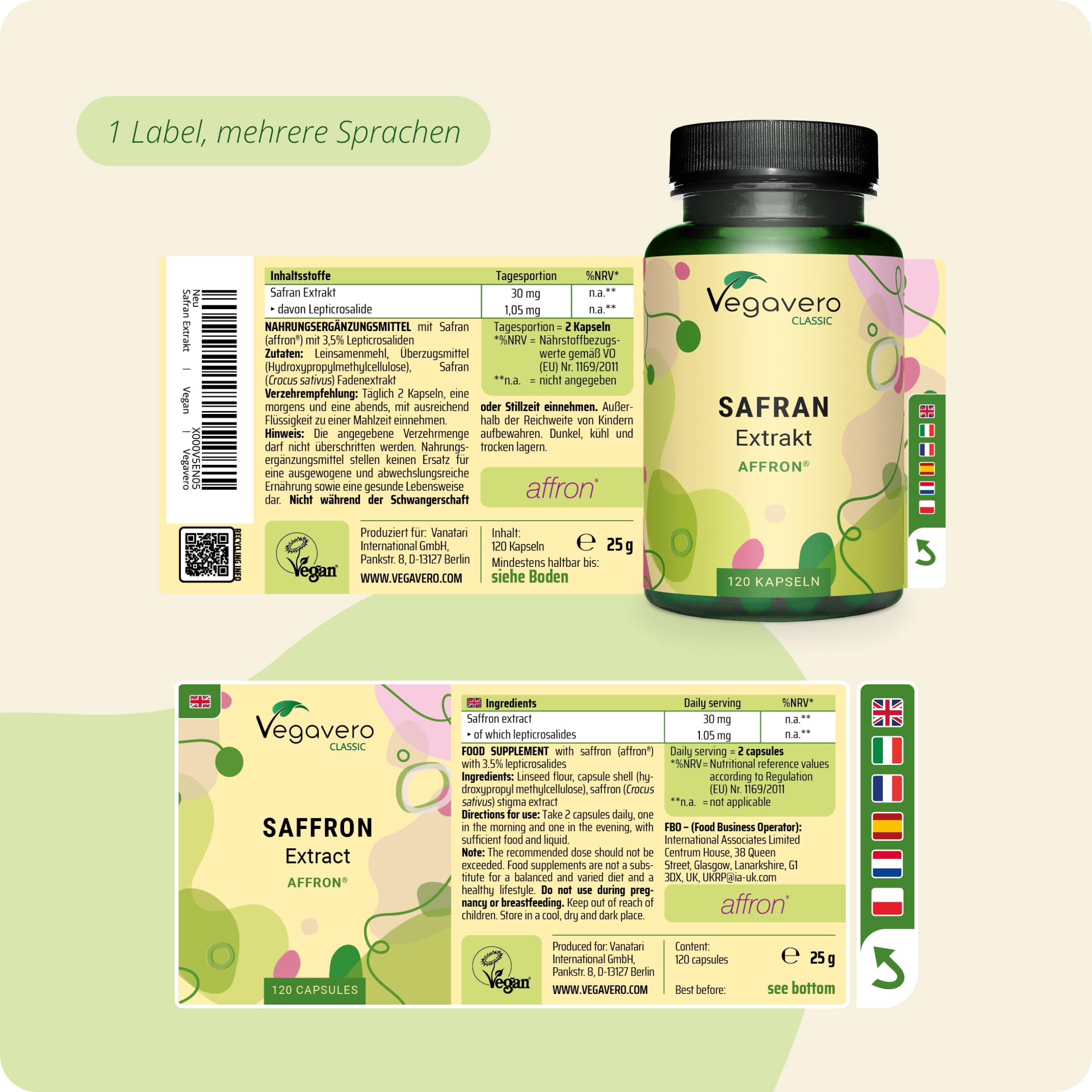 Vegavero Safran Kapseln hochdosiert 120 Stück - 30 mg Safran Extrakt mit AFFRON® aus Spanien - standardisiert auf 3,5% Lepticrosalide - Vegan, ohne Zusatzstoffe