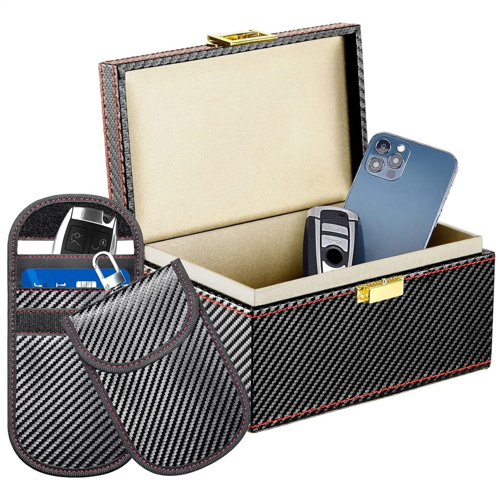 Il set di supporti per schermatura elettromagnetica include 1 scatola sicura e 2 sacchetti di blocco per pianificatore di texture in pelle per veicoli