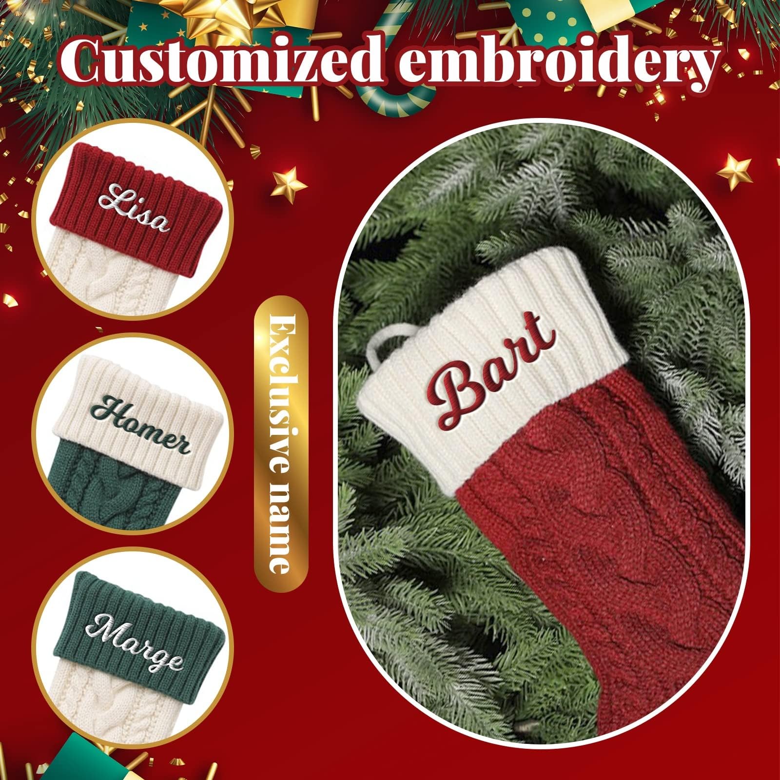 Calcetín de Navidad personalizado, 18 pulgadas, grande, personalizado, con nombres, bordado de punto, medias de Navidad con inicial, medias colgantes para chimenea (1 unidad)