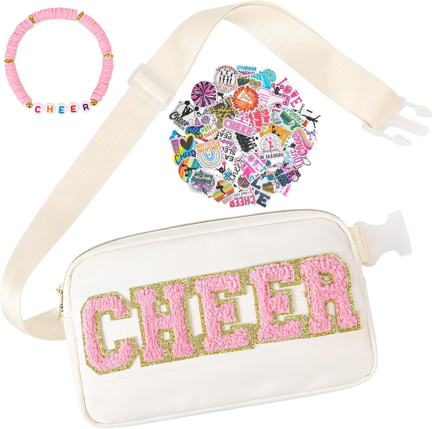 Cheer Bag, Nylon Chenille Letter Belt Bag Fanny Pack With Bracelet and Cheerleader Stickers for Cheerleader Girl Women Birthday Christmas Gift - Beige/Pink