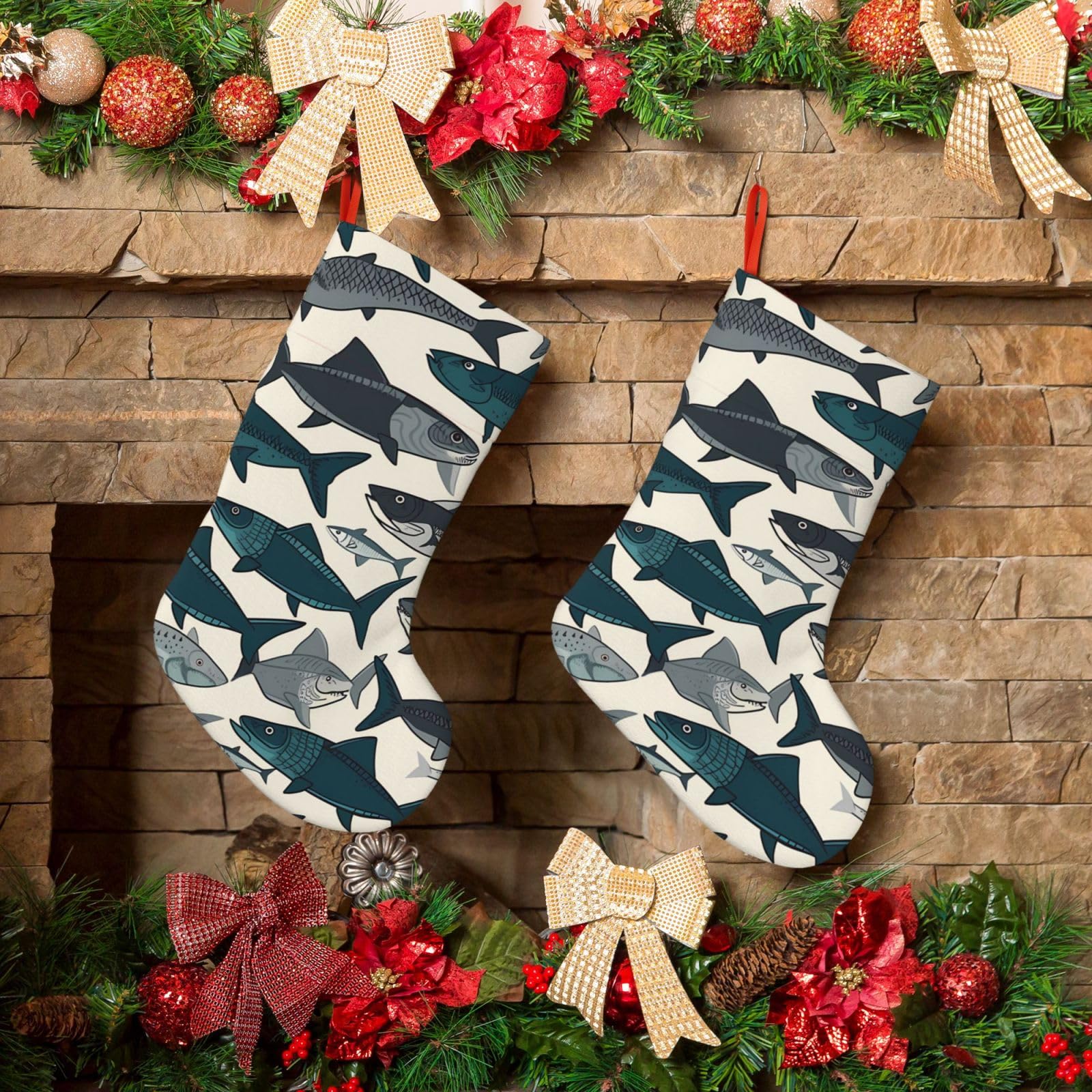 Fish Christmas Stockings 18 Inches Velvet Xmas Fireplace Hanging Stocking Rustic Christmas Santa Stockings for Home Christmas Decorations Party Favor Supplies