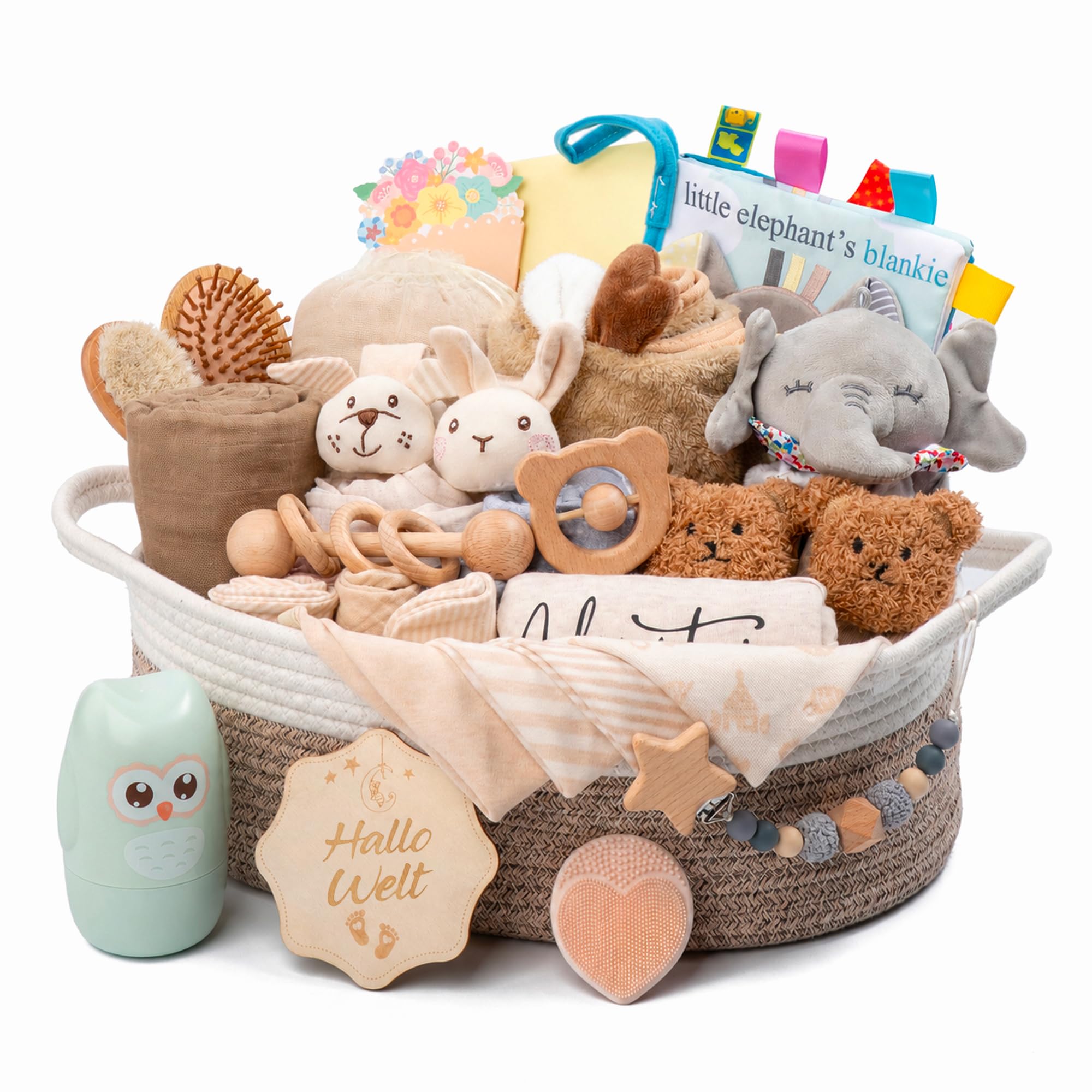 Baby Geschenk 30-teilig ideal als Neugeborenen Geschenk für Jungen & Mädel. Enthält: Kapuzenbadetuch, Baby Set, schmusetuch，Kuscheltier, Rassel, Kamm und Grußkarte (Khaki)