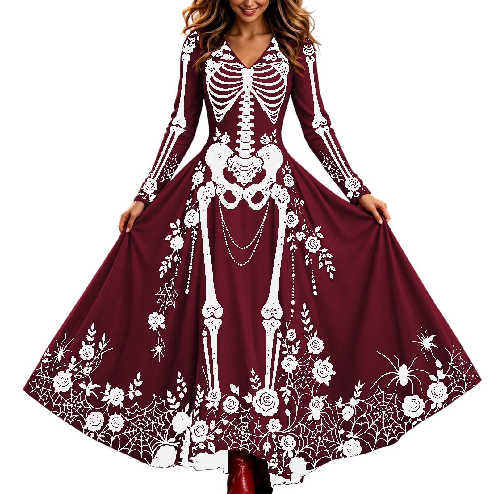 Halloween Dresses for Women UK, Skeleton Rose Maxi Dress, Gothic Costume