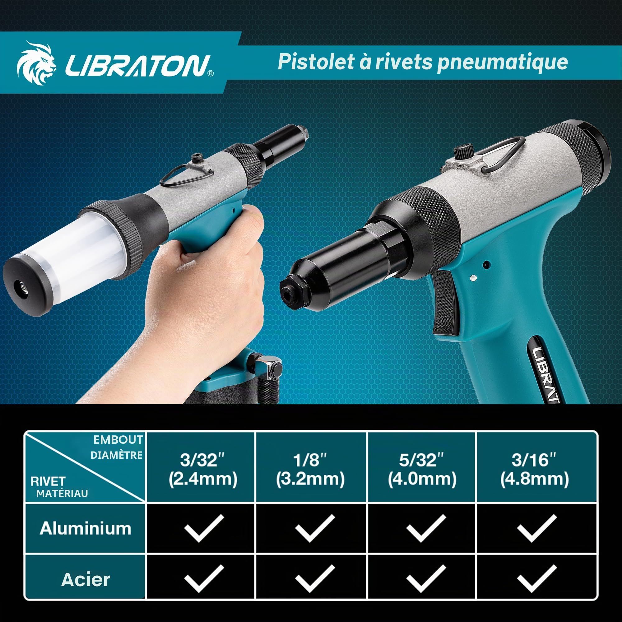 LIBRATON Riveteuse Pneumatique, Pistolet à Riveter Pneumatique Robuste avec 200 Rivets 2,4 mm 3,2 mm 4,0 mm 4,8 mm, Pince à Rivet Pop à Air Hydraulique pour Réparation, Conception Auto-Aspirante