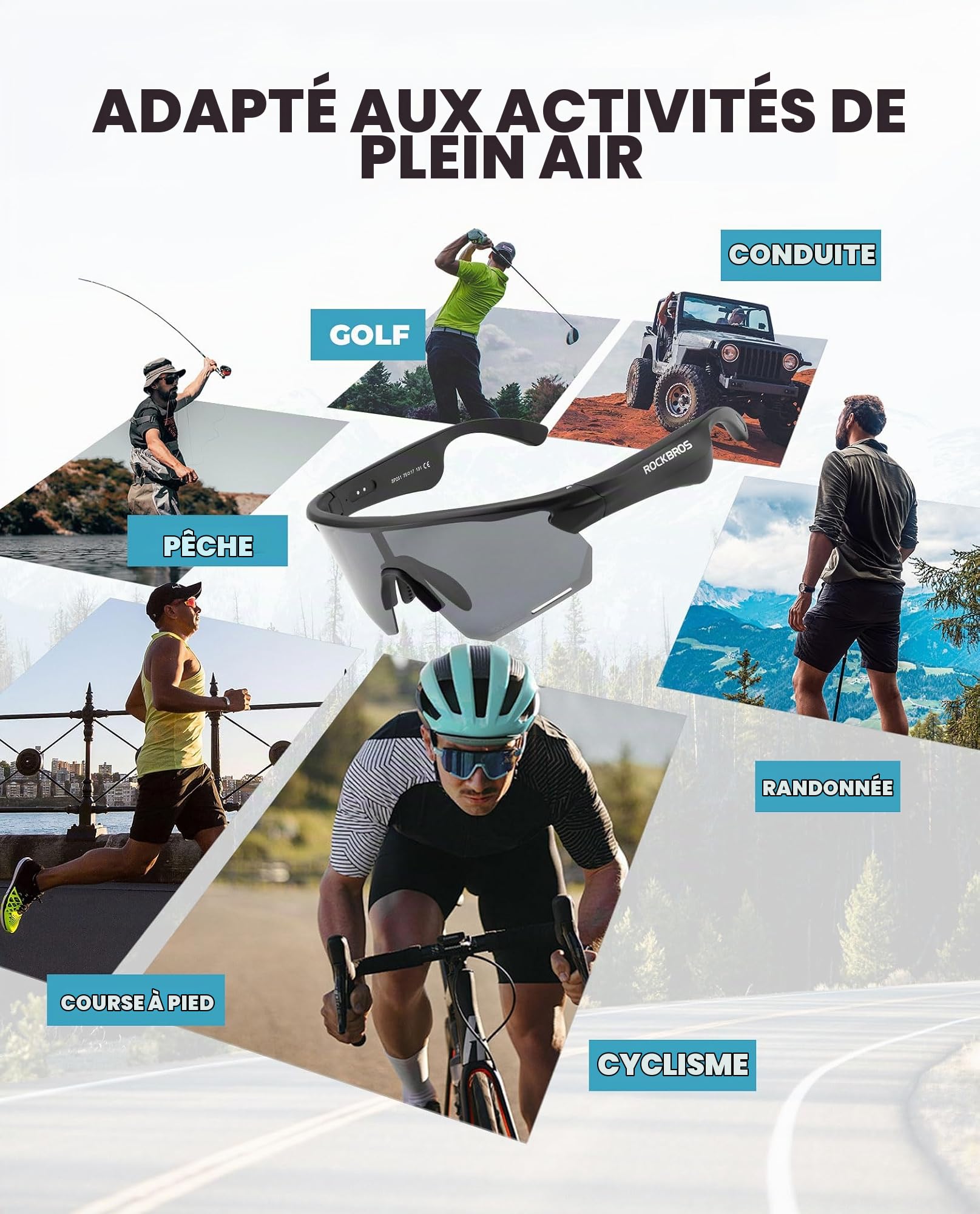 ROCKBROS Lunettes Soleil Polarisées Sport Bluetooth, Cyclisme Lunettes Polarisées Anti-UV400 avec Audio Bluetooth Smart Glasses Unisexe pour Vélo VTT Course Golf Pêche Sports de Plein Air