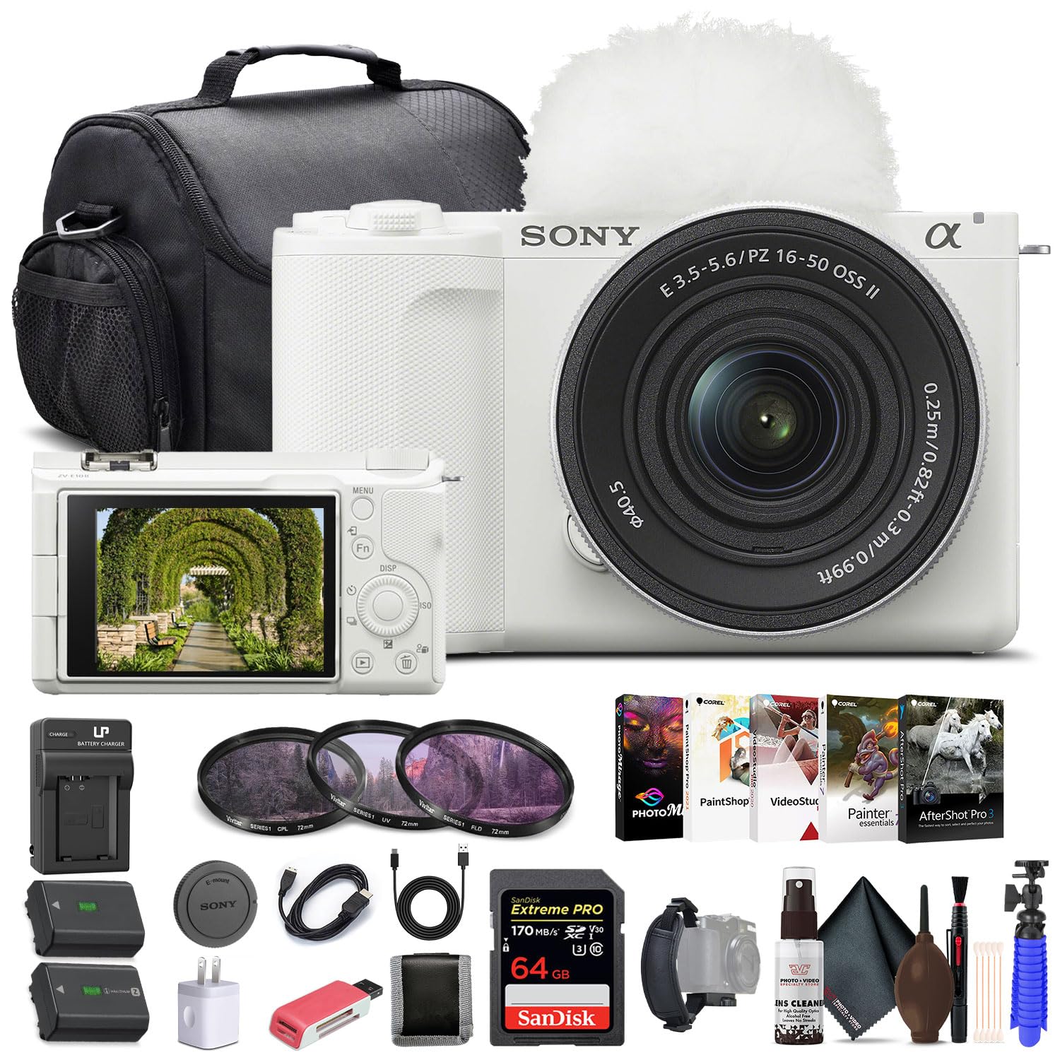Sony Alpha ZV-E10 II Mirrorless Camera with 16-50mm Lens (White) (ZVE10M2KW) - 64GB Memory Card, Filter Kit, Photo Software, Bag, NP-FZ100 Battery,