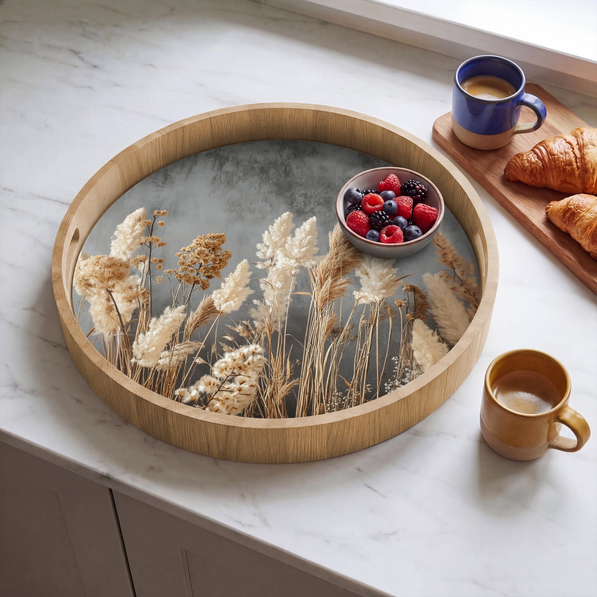 Serviertablett Rund 50x50 cm Servierplatte Eichenholz Servier Tablett Mit Henkel Serving Tray Kratzfest Kaffeetablett Teetablett Getrocknete Feldblumen - Grau - Beton