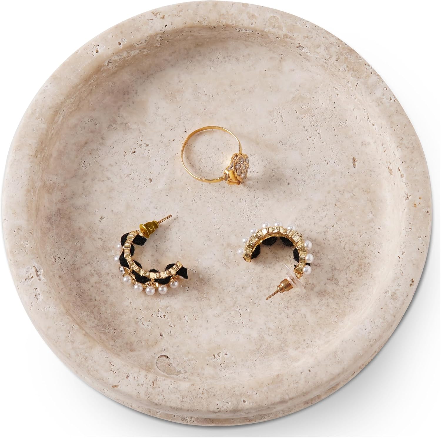 Marble Jewelry Dish 5 Inch Handmade Travertine Ring Holder – Trinket Tray for Vanity & Aesthetic Room Decor, Stone Key Bowl & Candle Plate for Entryway Table,