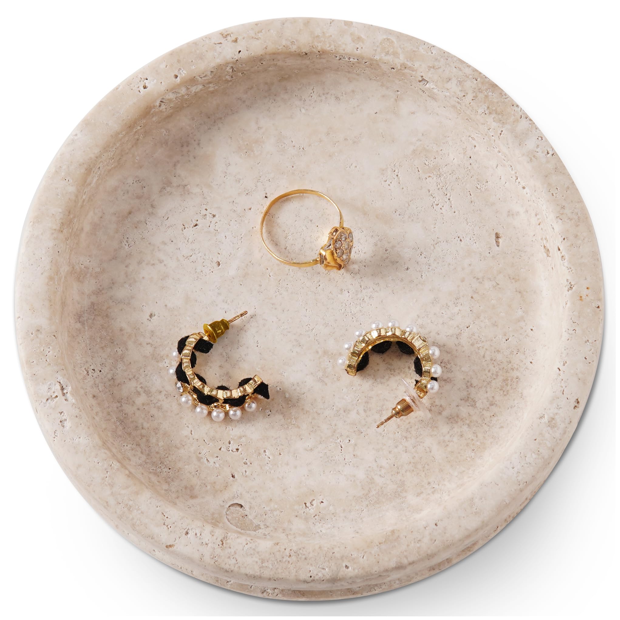 Speshstones Travertine Marble Jewelry Dish 5 Inch Handmade Ring Holder - Stone Tray For Necklace, Earring And Perfume Organizer - Decorative Trinket Dish For Vintage Vanity Decor