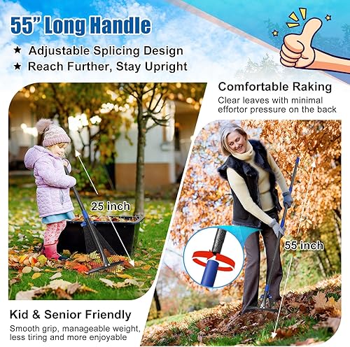 Miniatura 10 de Rastrillo de jardín con cabezal expandible de 9.5 a 17 pulgadas, rastrillo de hojas de metal resistente con mango de 67 pulgadas, rastrillos de