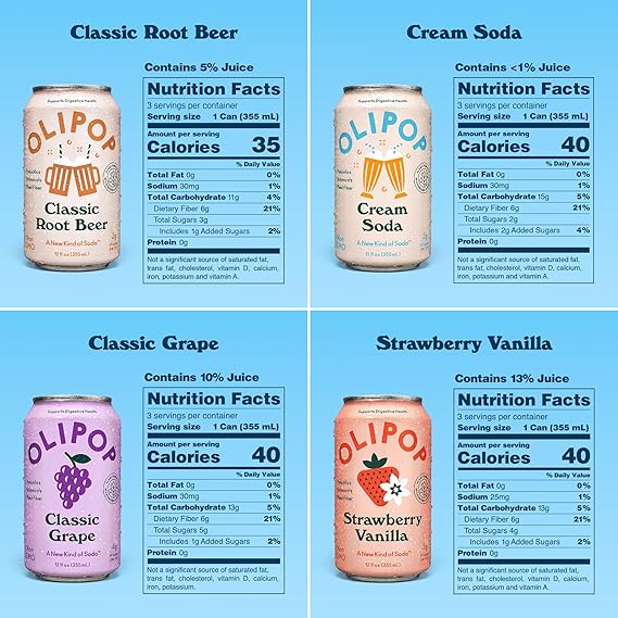 OLIPOP Prebiotic Soda Pop, Favorites Variety, Pantry Pack Packed with Prebiotics, Fiber, and Botanicals, Gluten Free, Vegan, GMO Free, 12oz,(Pack of 24)