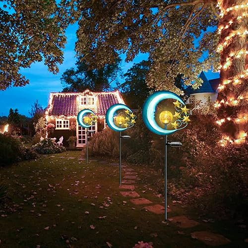 Miniatura 7 de Luces solares de estrellas y luna para exteriores, luces de jardín alimentadas por energía solar, luces decorativas de cristal agrietado, LED,