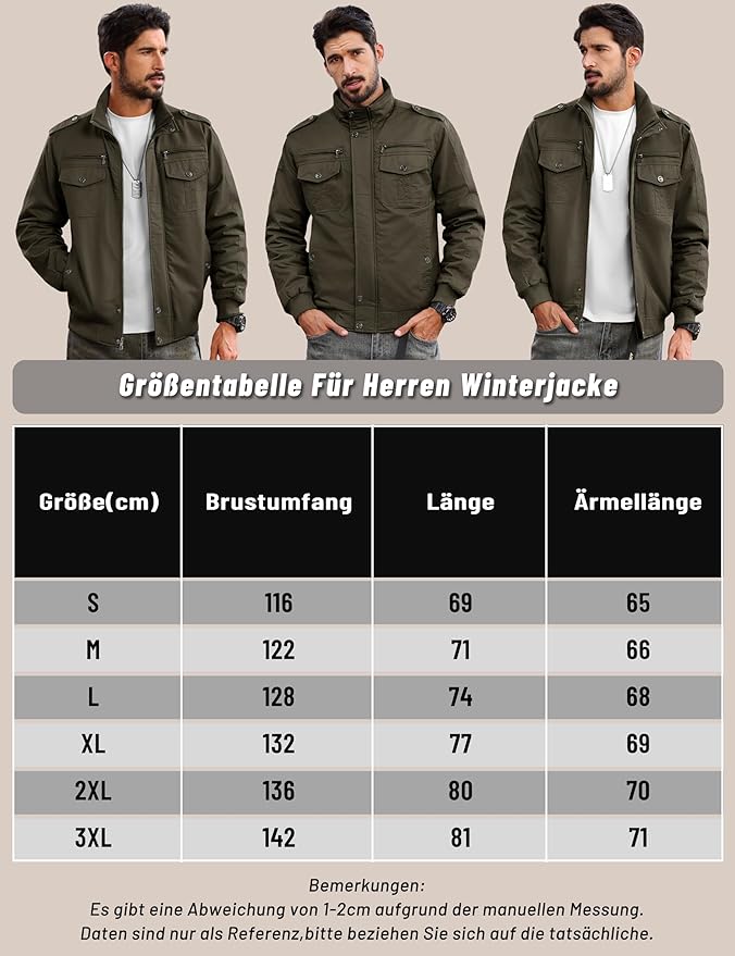 Kefitevd Winterparka voor heren, met fleece gevoerde, warme winterjas met veel zakken, capuchon, overgangsjas, legerjack met opstaande kraag, kaki, XL