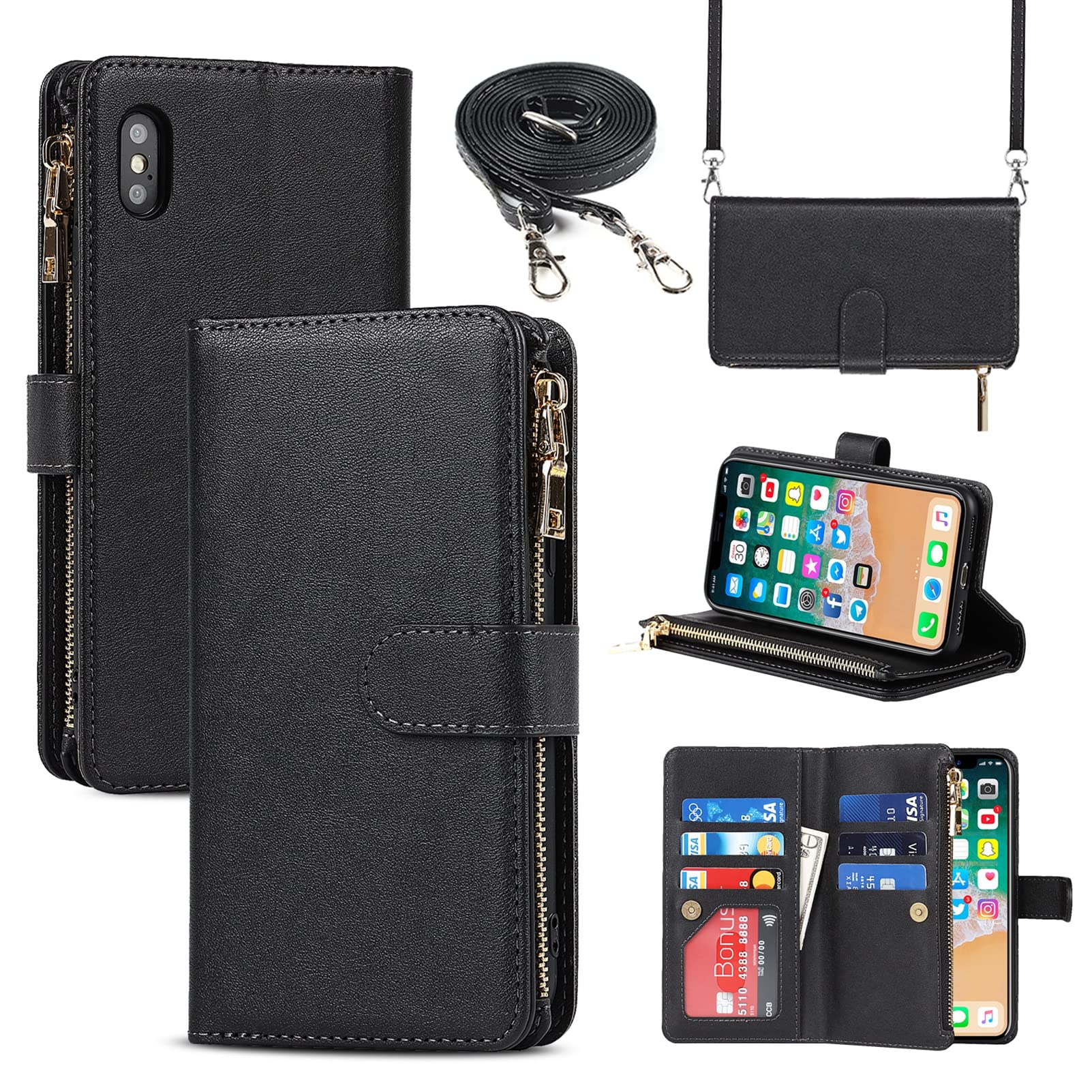 Jaorty for iPhone Xs Max Phone Wallet with Card Holder, Crossbody Case with Strap, Zipper Pocket PU Leather Case, 6.5" Black