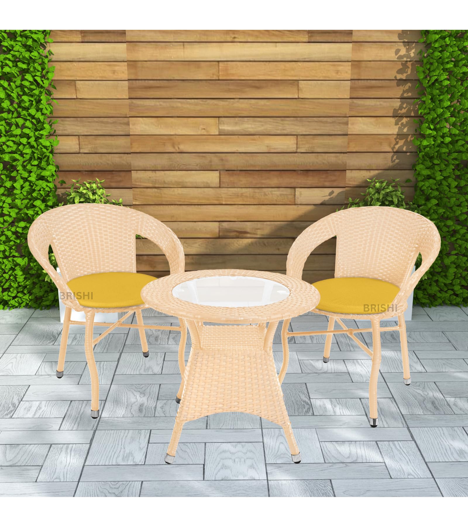 BRISHI 3-Piece Outdoor Rattan Wicker Patio Coffee Table Set with Yellow Cushion | Garden Furniture for Balcony, Terrace, Poolside & Porch | Waterproof Bistro Sets for Home & Backyard (Cream)-image-49