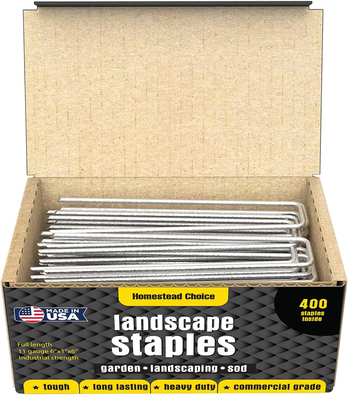 400 6-Inch (11-Gauge Pins) Garden Landscape Sod Staples - Stakes for Weed Barrier Fabric, Ground Cover and Landscaping - Premium Durable American Forged Steel