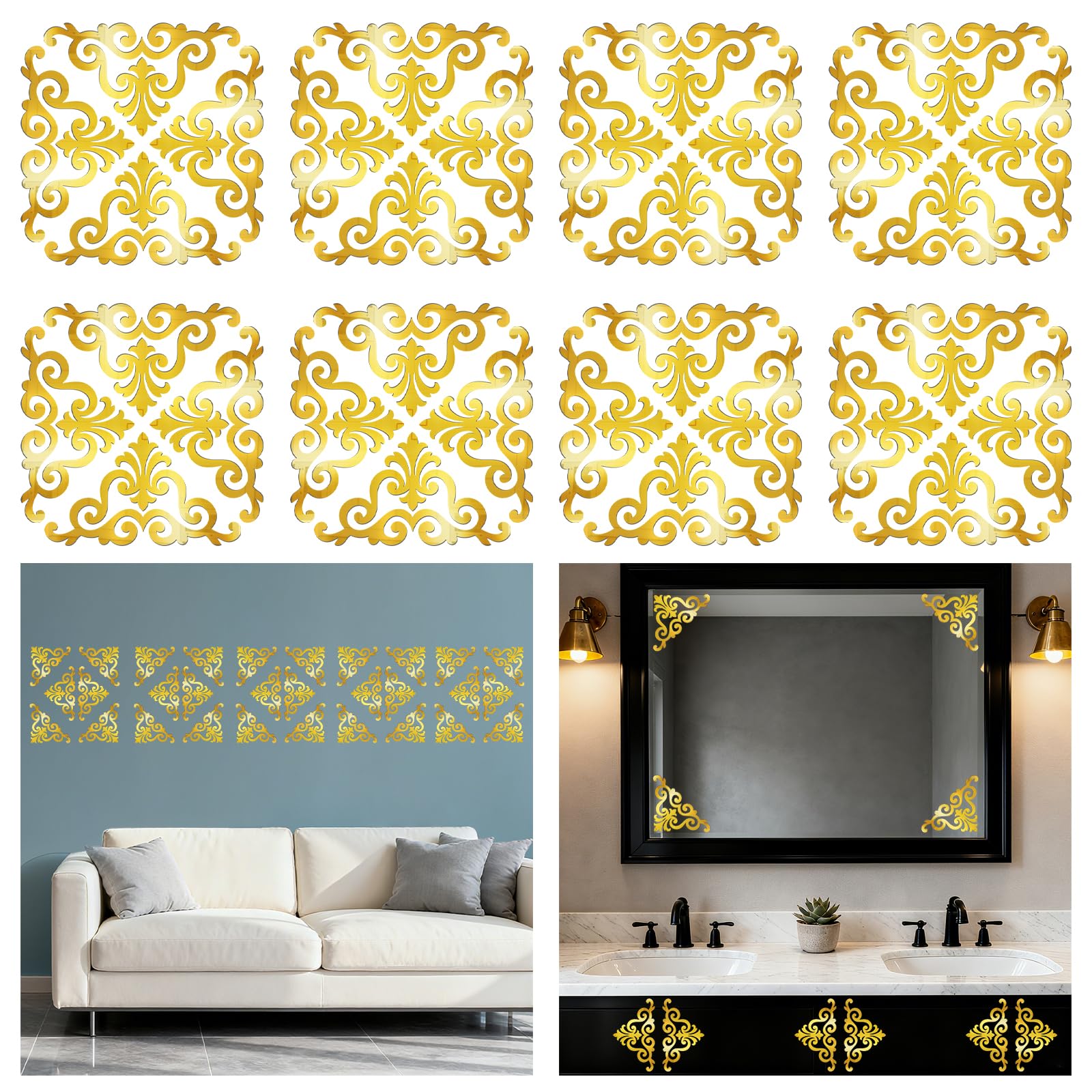 Décoration murale baroque dorée effet miroir acrylique de luxe