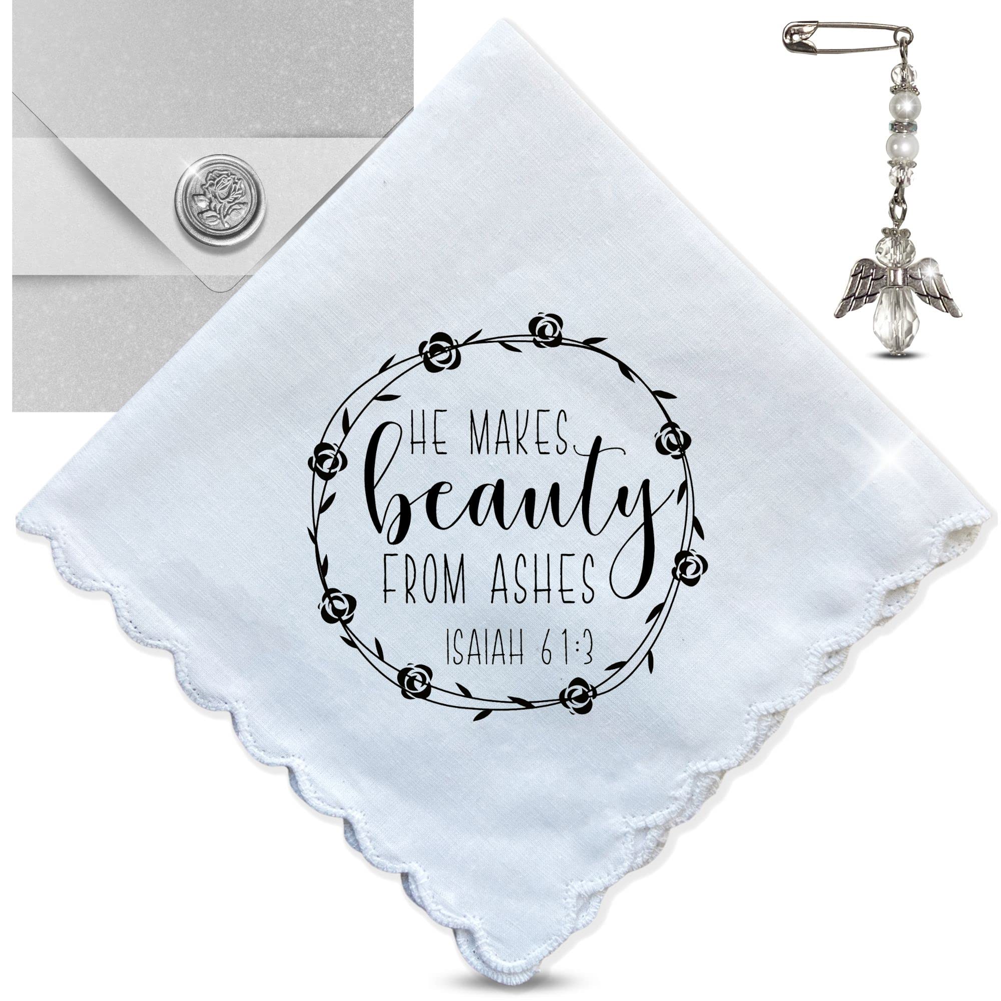 He Makes Beauty From Ashes Handkerchief Message of Faith for Hard Days - Handmade Meaningful Bible Quote Poem, 100% Cotton Ladies Hanky, Affectionately Gift Packaged with Custom Envelope and Note Card