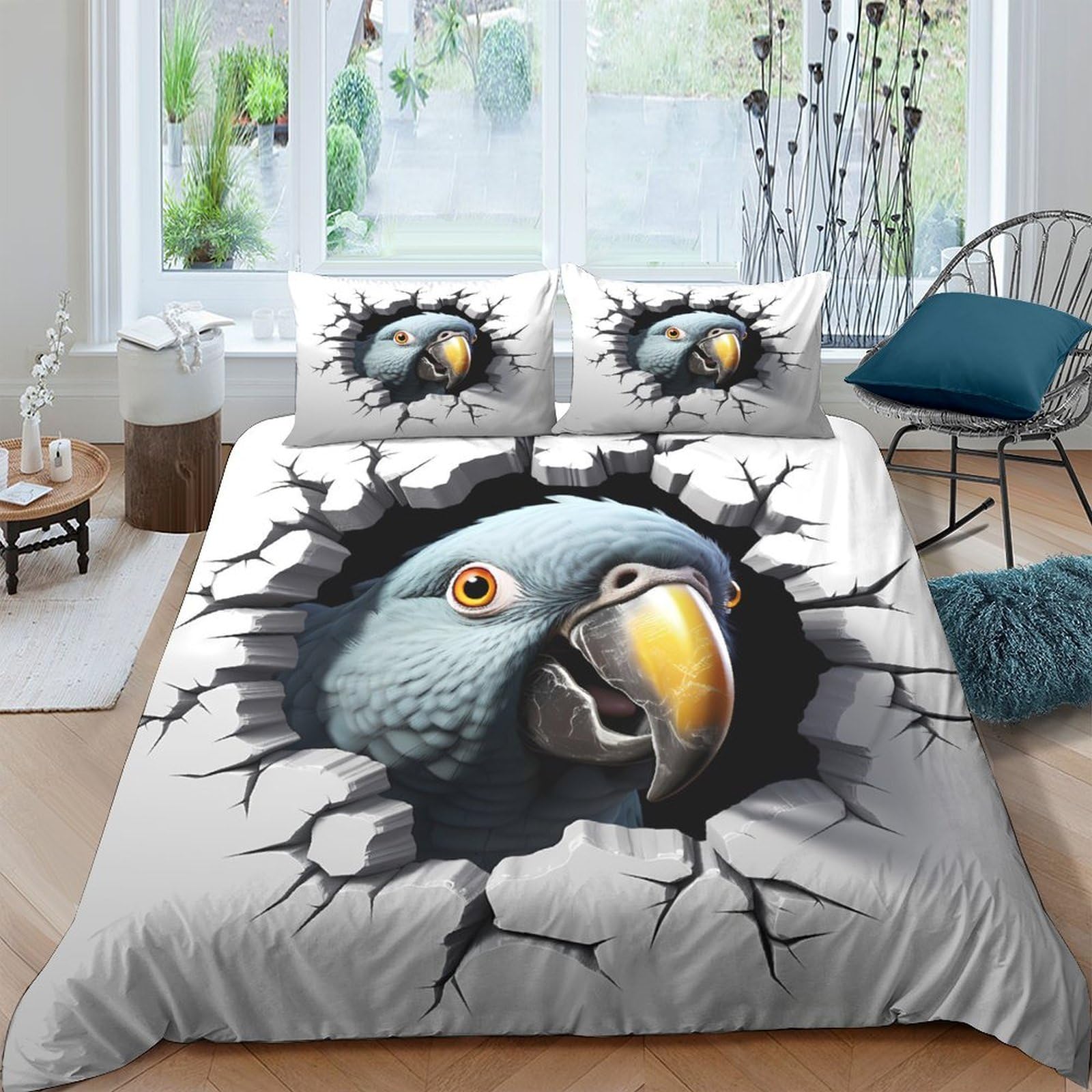 TUFRTGYHN 3D Printed Cracked Wall Parrot Duvet Cover Microfiber Soft Breathable Bird Bedding Set with 2 Pillowcases for Bedroom Decor Single（135x200cm）